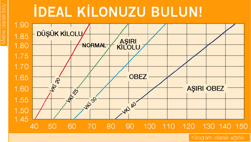 Boy ve kiloya göre düşük kilolu, normal, aşırı kilolu ve obez VKİ aralıklarını gösteren grafik